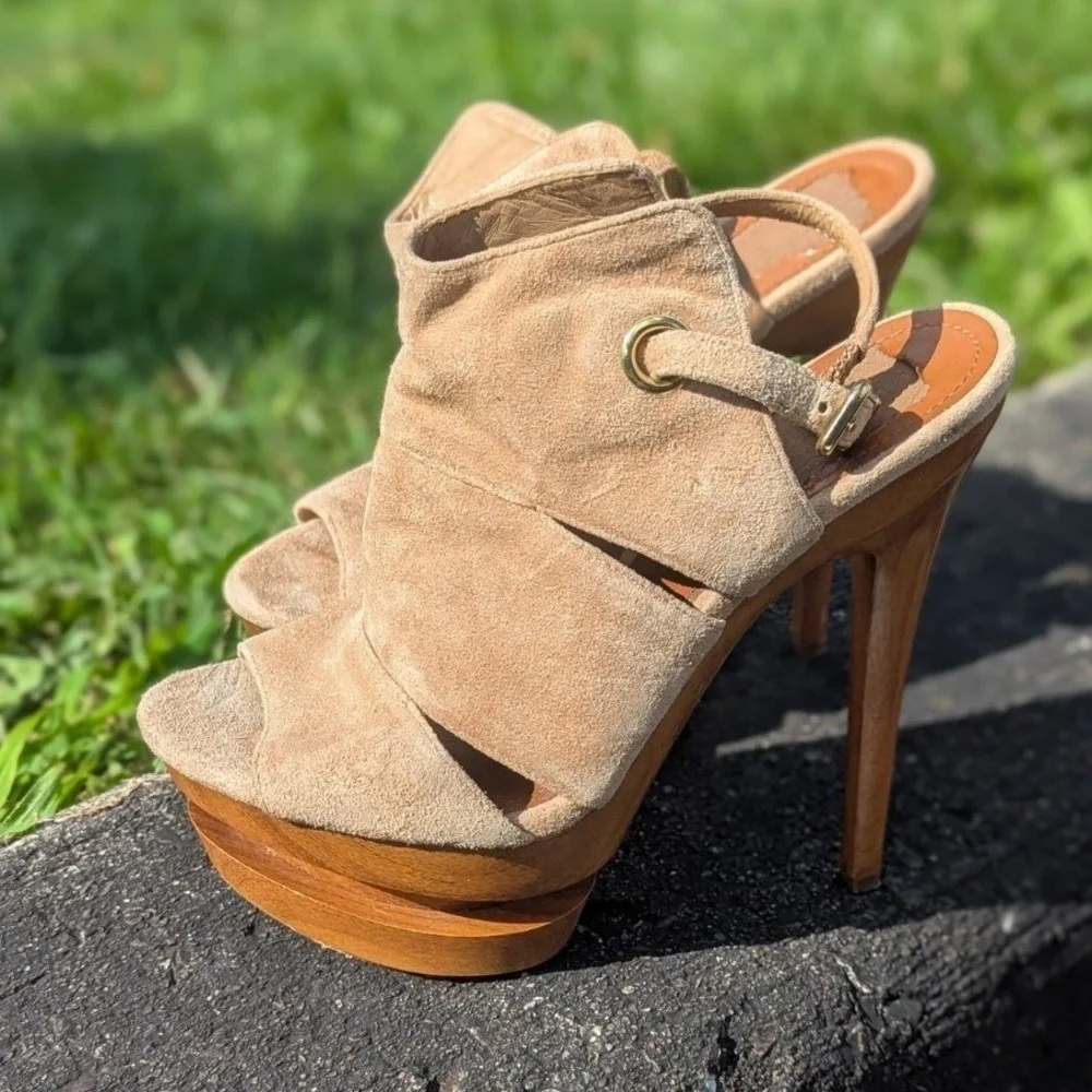 Y2K Jessica Simpson Suede Platform Heels 7B Sculptural Stiletto Tan